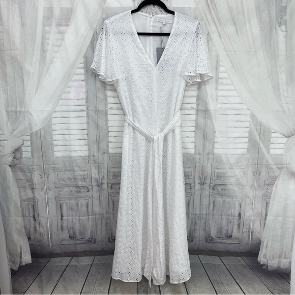 Preston & York Size 6 White Dress Eyelet Rayon Midi Dress Flutter Sleeve Belted - Picture 4 of 11
